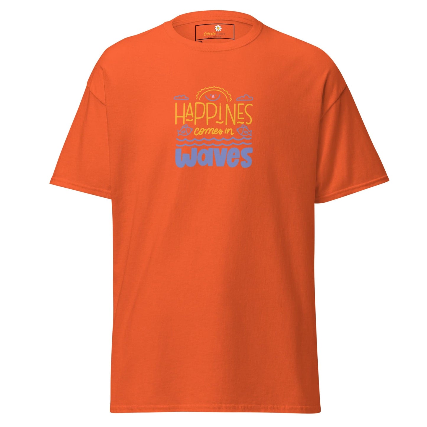 Orange T-shirt with Happiness comes in waves text from T-SHIRT DESIGN TEE for Men and Women