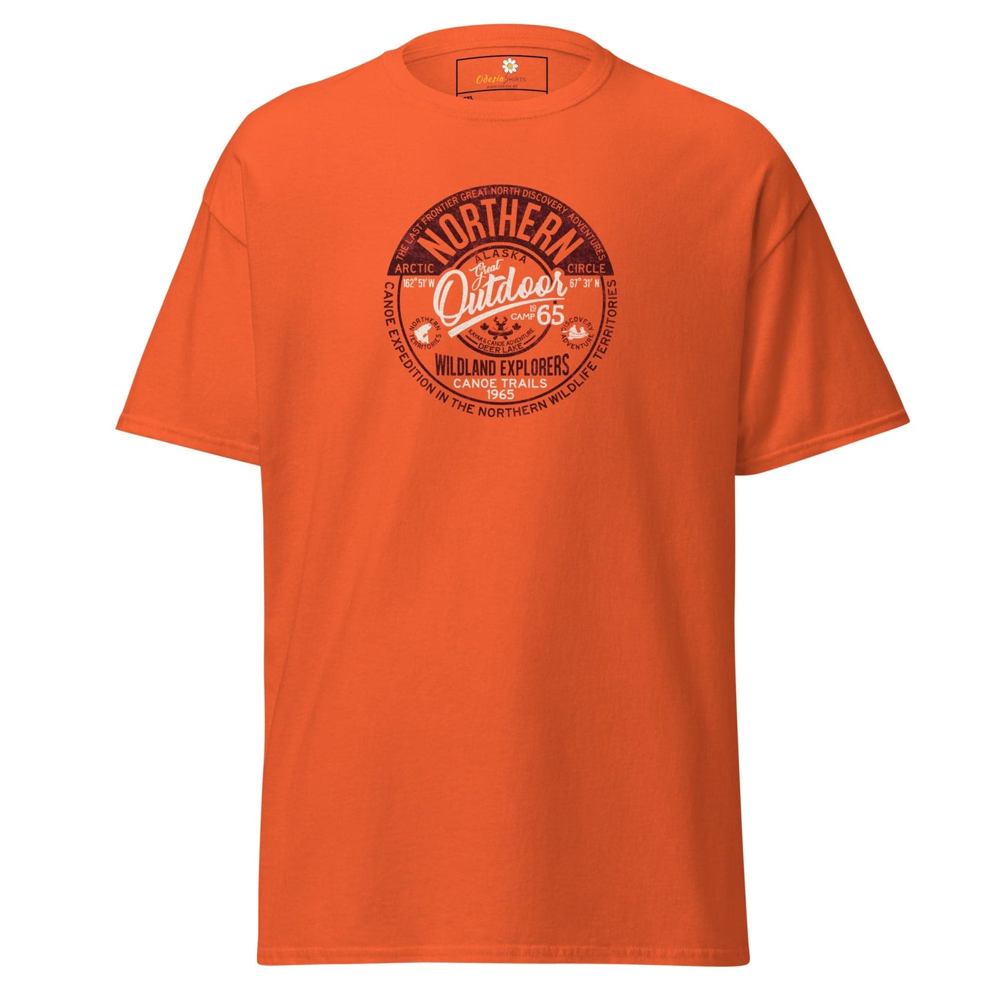 Orange t-shirt with circular graphic.