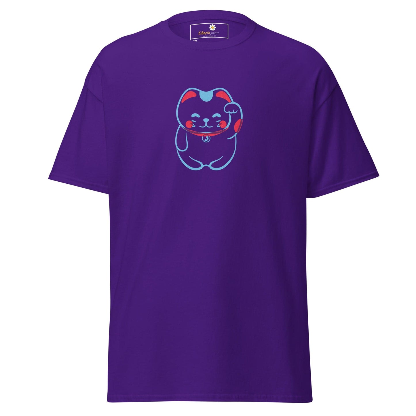 Purple T-shirt with a cartoon cat design for men and women in 2XL to 5XL sizes