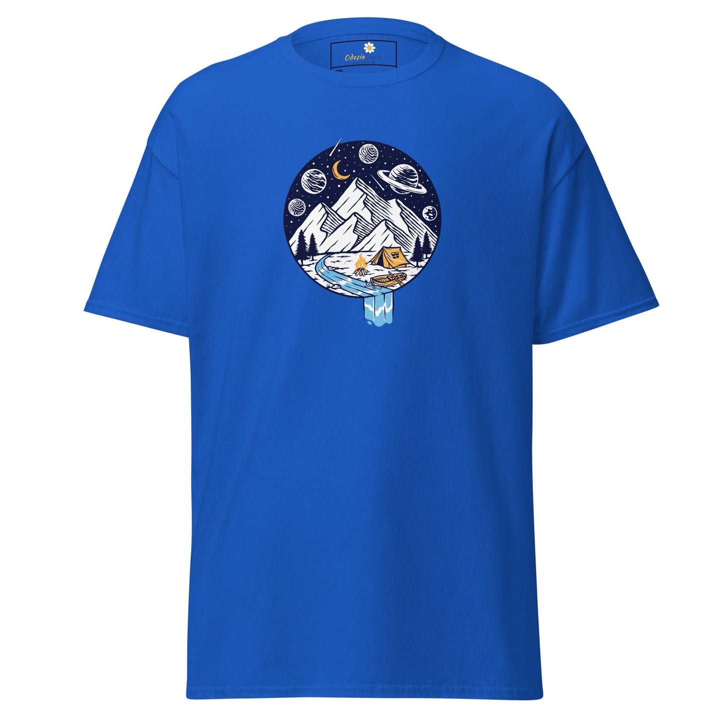 Blue graphic tee.