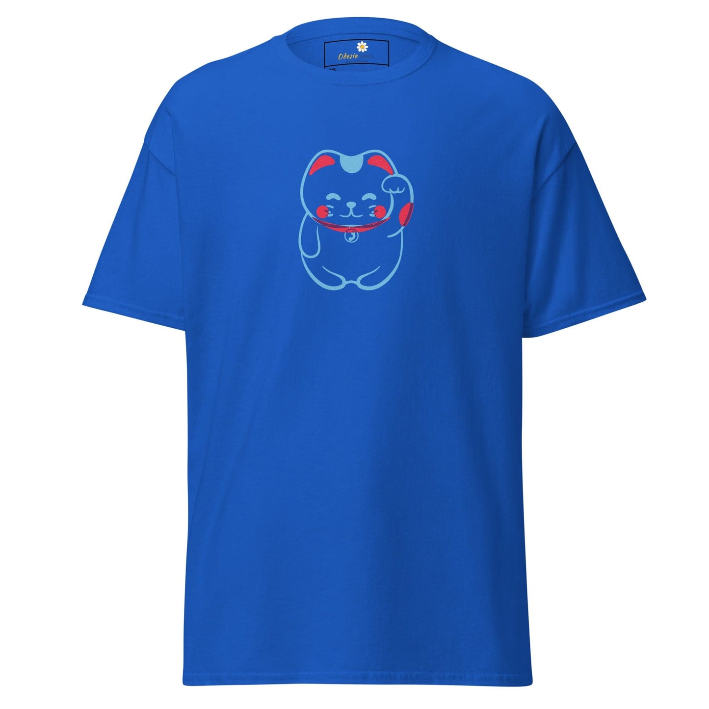 Blue T-shirt with lucky cat graphic from T-SHIRT DESIGN TEE for men and women, sizes 2XL to 5XL