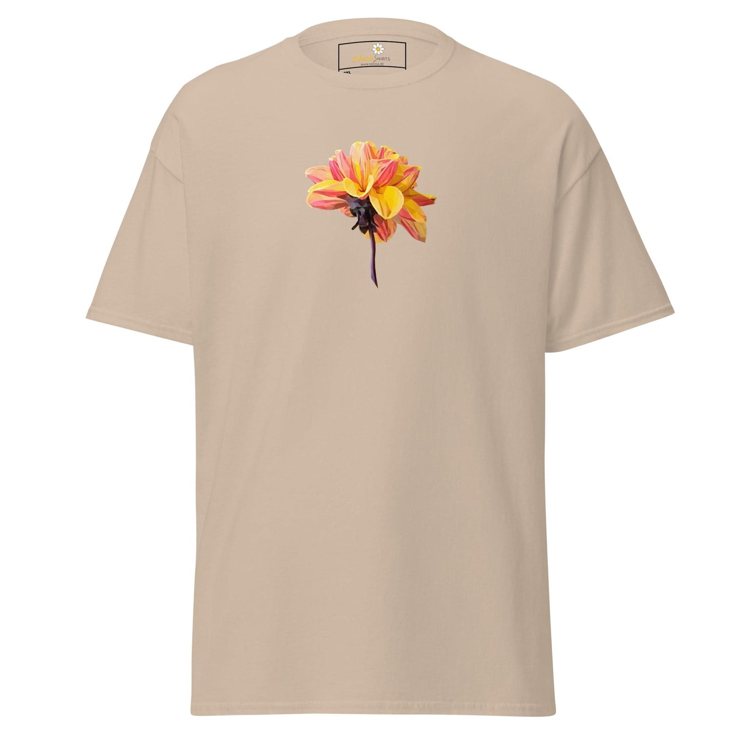 Beige t-shirt with a flower.
