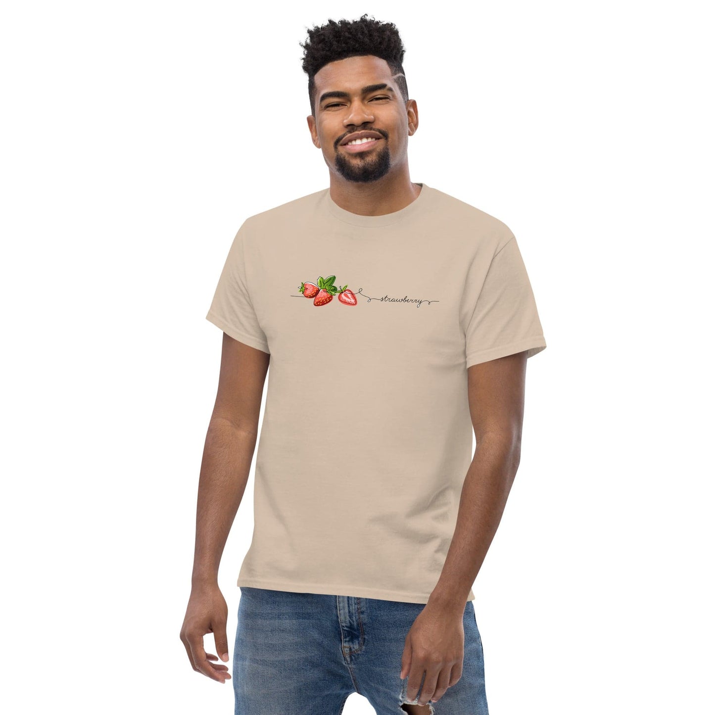 Beige t-shirt with strawberry design.