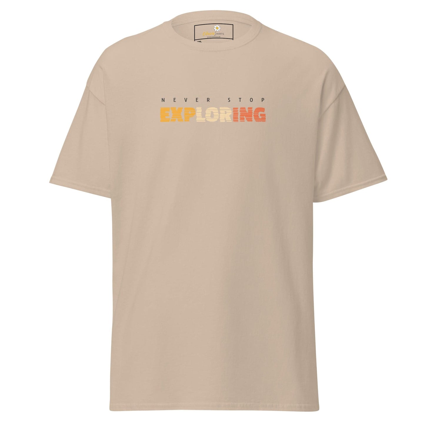 Beige T-shirt with Never Stop Exploring text for Men Women 2XL to 5XL sizes