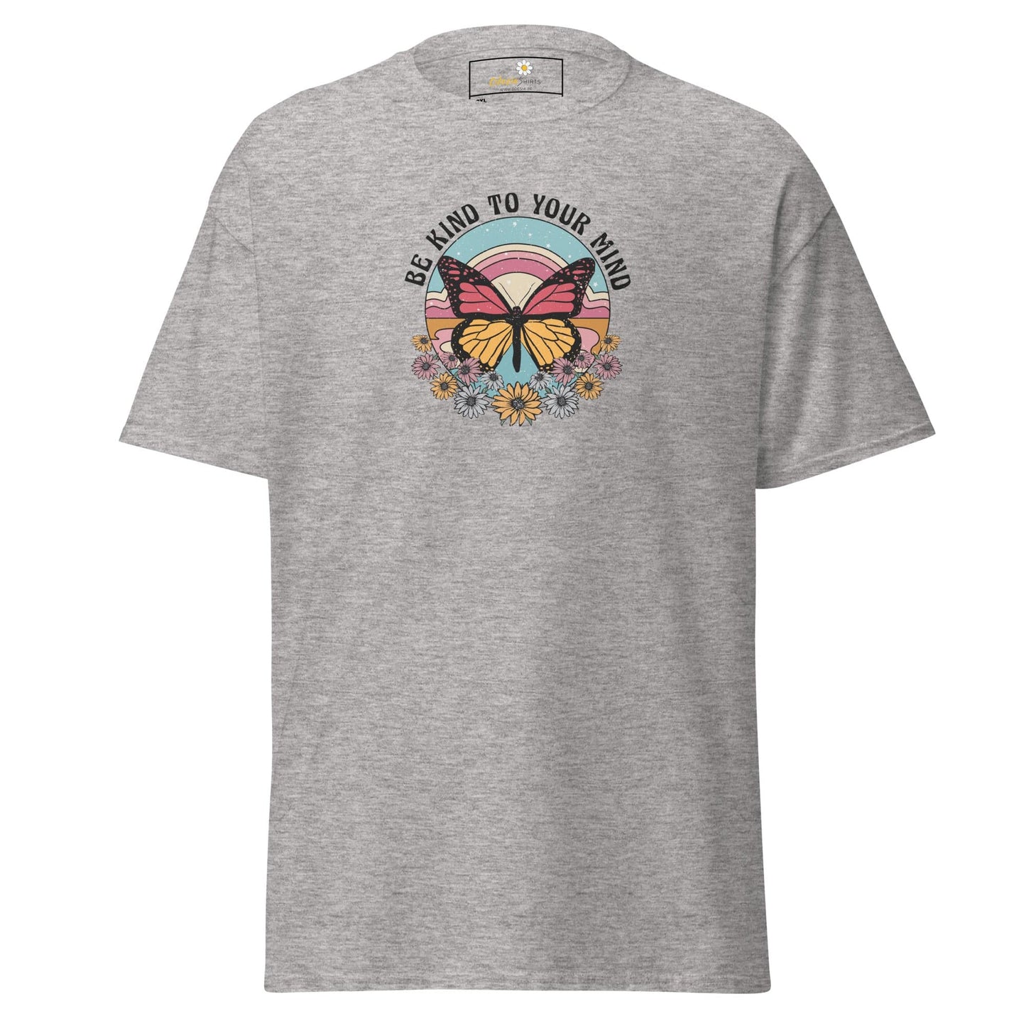 Gray t-shirt with butterfly graphic.