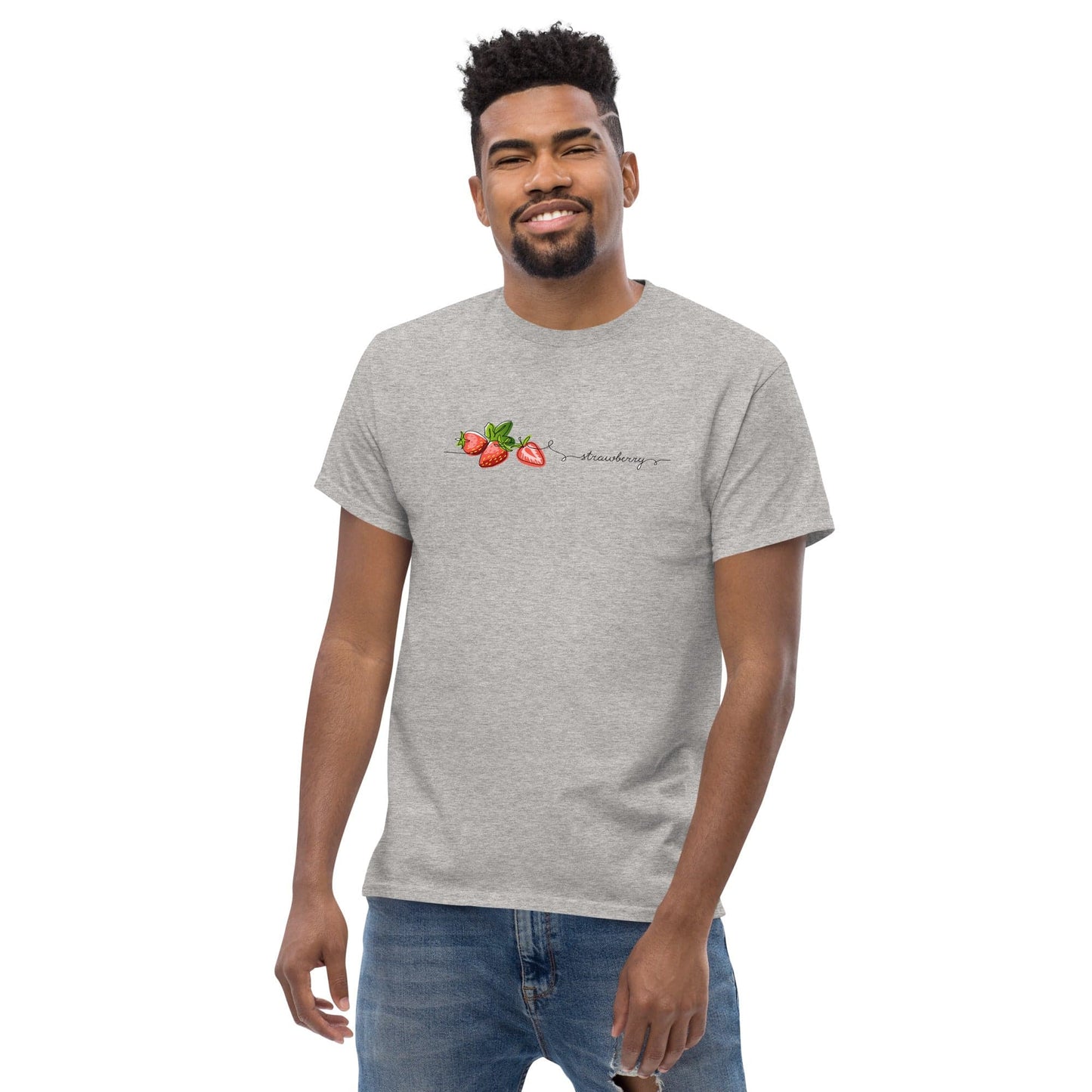 Gray t-shirt with strawberry design.